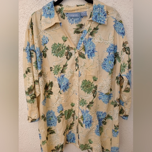 Liz & Me Floral Button Up Shirt Spring Summer Casual Cottagecore 3/4 Sleeve 1X - Picture 1 of 13